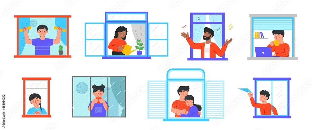 Set of People in home near window. Men, women and children play sports, sing, play, work or drink hot coffee. Spend time in apartment. Cartoon flat vector collection isolated on white background