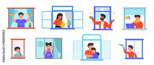 Set of People in home near window. Men, women and children play sports, sing, play, work or drink hot coffee. Spend time in apartment. Cartoon flat vector collection isolated on white background © Rudzhan