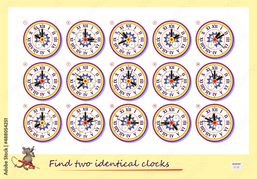 Logic puzzle game for children and adults. Find two identical clocks