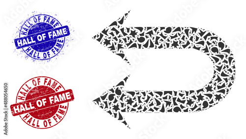 Round HALL OF FAME dirty stamp seals with text inside round forms, and debris mosaic double left arrow icon. Blue and red seals includes HALL OF FAME tag.