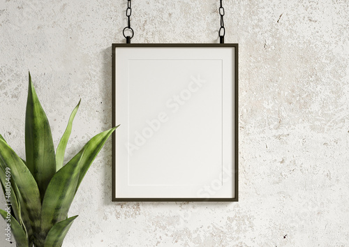 Single 8x10 Vertical Black Frame mockup on a concrete wall. Loft style frame mockup hanging on a chain. 3D Rendering