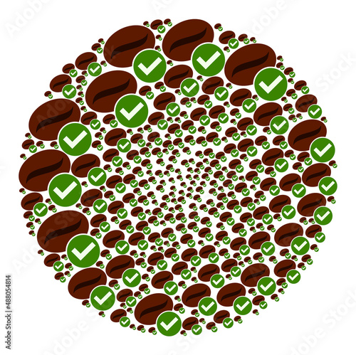 Valid coffee icons are composed into bubble collection. Valid coffee icon bubble collage. Abstract spheric bubble mosaic is organized from valid coffee icons.