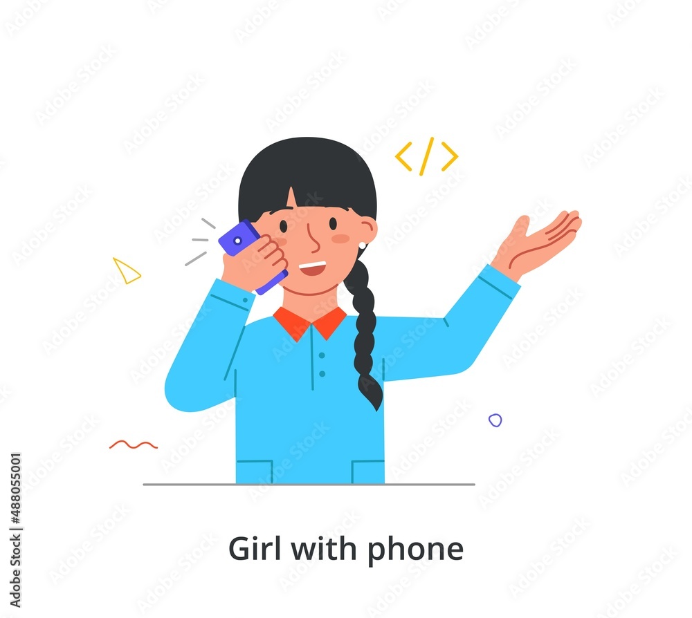 Kid using gadgets abstract concept. Little girl holds smartphone and calls her friends or parents. Online communication. Modern technologies. Cartoon flat vector illustration in doodle style