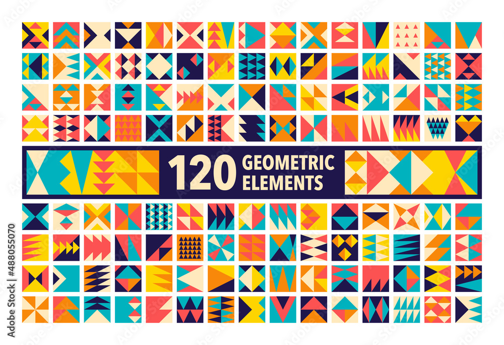Set of 120 trendy abstract triangles shape geometric elements for backgrounds and seamless patterns. Collection of isolated pattern designs.