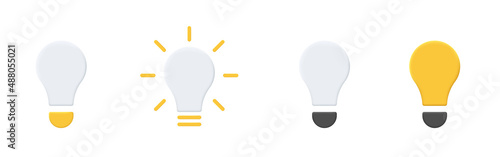 Light bulb 3d icons set. Soft, frosted clay light bulbs. Vector clipart isolated on white background.