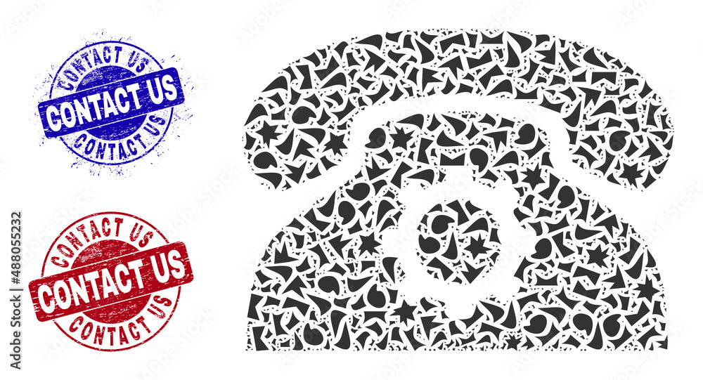 Obraz premium Round CONTACT US dirty rubber prints with text inside round forms, and detritus mosaic phone settings icon. Blue and red stamps includes CONTACT US text. Phone settings mosaic icon of shard parts.