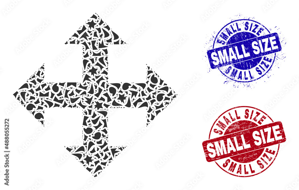 Obraz premium Round SMALL SIZE scratched badges with tag inside round shapes, and fragment mosaic expand icon. Blue and red stamps includes SMALL SIZE tag. Expand mosaic icon of fragment elements.
