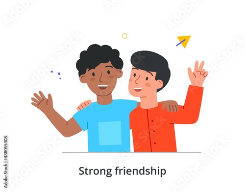 Warm hugs between little friends concept. Two little boys smiling, having fun and embracing. Strong relationships between preschool friends. Cartoon modern flat vector illustration in doodle style