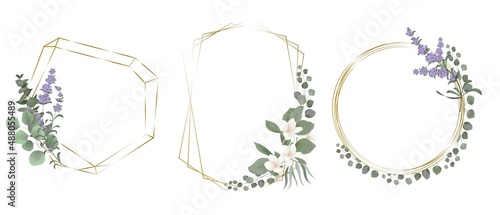 Vector flower set. Golden frames, lavender flowers, white sakura, magnolia, eucalyptus, green plants and leaves. Wedding design set