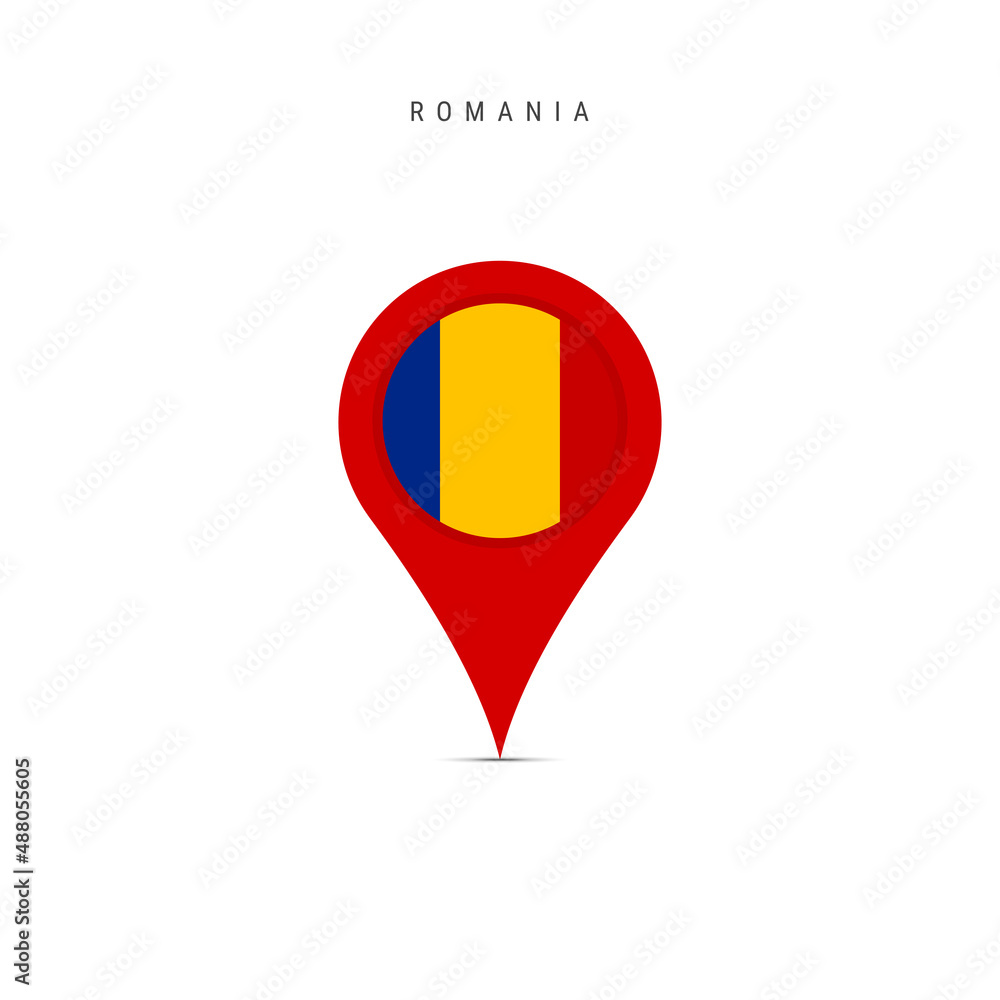 Teardrop map marker with flag of Romania. Romanian flag inserted in the location map pin. Flat vector illustration isolated on white background. Teardrop map marker with flag of Romania. Romanian flag inserted in the location map pin. Flat vector illustration isolated on white background.