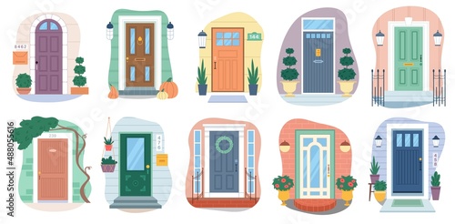 Set of different house entrances and closed doors. Apartment entrances or porches with flowers, trees, rugs and lighting fixtures. Cartoon flat vector collection isolated on white background