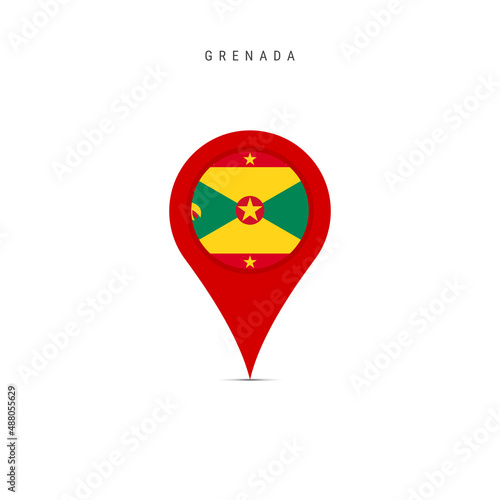 Teardrop map marker with flag of Grenada. Grenadian flag inserted in the location map pin. Flat vector illustration isolated on white background.