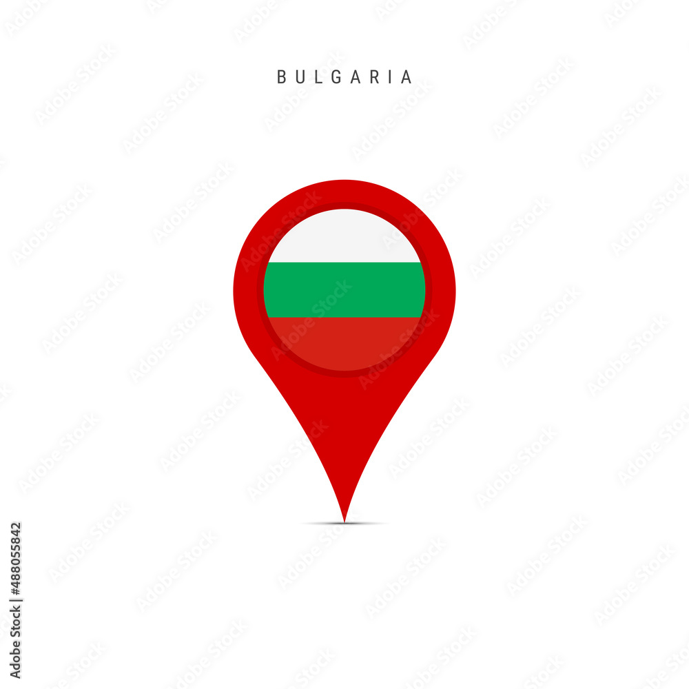 Teardrop map marker with flag of Bulgaria. Bulgarian flag inserted in the location map pin. Flat vector illustration isolated on white background. Teardrop map marker with flag of Bulgaria. Bulgarian flag inserted in the location map pin. Flat vector illustration isolated on white background.
