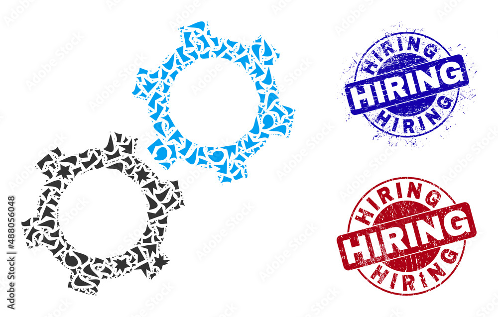 Round HIRING rubber seals with tag inside round shapes, and debris mosaic gears icon. Blue and red seals includes HIRING tag. Gears collage icon of fragment particles.
