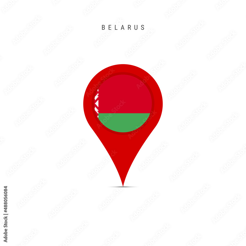 Teardrop map marker with flag of Belarus. Belorussian flag inserted in the location map pin. Flat vector illustration isolated on white background. Teardrop map marker with flag of Belarus. Belorussian flag inserted in the location map pin. Flat vector illustration isolated on white background.