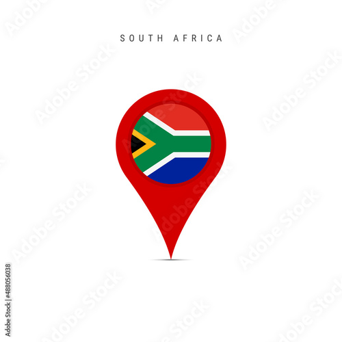 Teardrop map marker with flag of South Africa. South African flag inserted in the location map pin. Flat vector illustration isolated on white background.