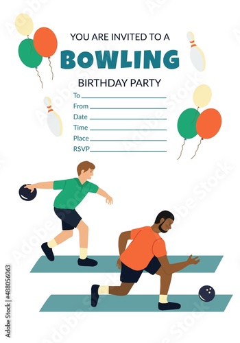 Vector birthday party invitation with men playing bowling hand drawn cartoon illustration