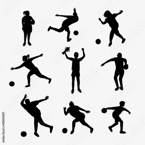 Vector set of men and women dressed in sports apparel playing bowling silhouettes hand drawn illustration