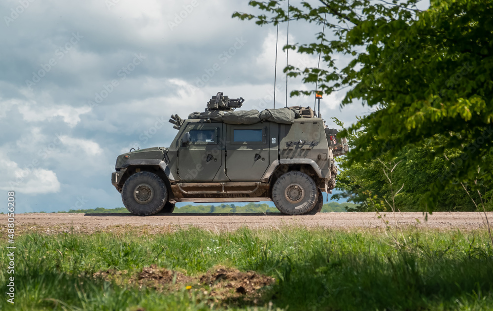 British army Panther 4x4 command and liaison vehicle in action on Salisbury Plain military training area, Wiltshire UK British army Panther 4x4 command and liaison vehicle in action on Salisbury Plain military training area, Wiltshire UK