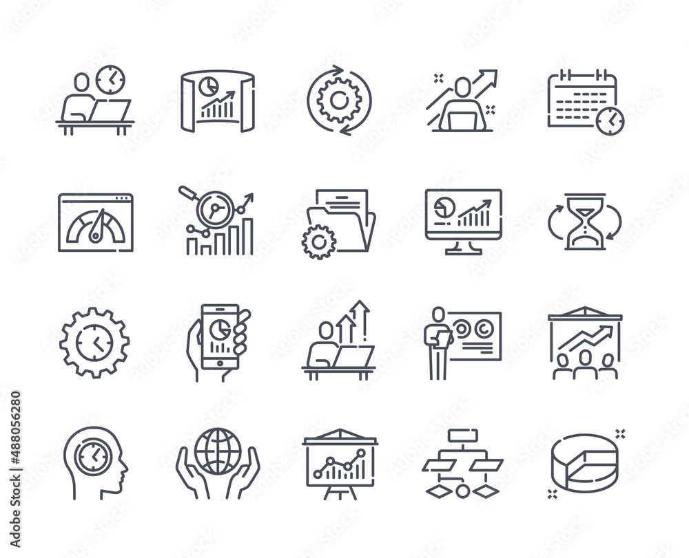 Set of linear productivity and efficiency icons. Minimalistic icons with list of tasks, time management, teamwork, projects and employees. Cartoon flat vector collection isolated on white background Set of linear productivity and efficiency icons. Minimalistic icons with list of tasks, time management, teamwork, projects and employees. Cartoon flat vector collection isolated on white background
