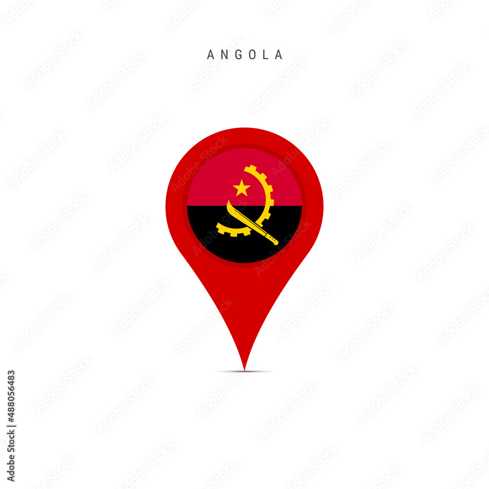 Teardrop map marker with flag of Angola. Angolan flag inserted in the location map pin. Flat vector illustration isolated on white background. Teardrop map marker with flag of Angola. Angolan flag inserted in the location map pin. Flat vector illustration isolated on white background.