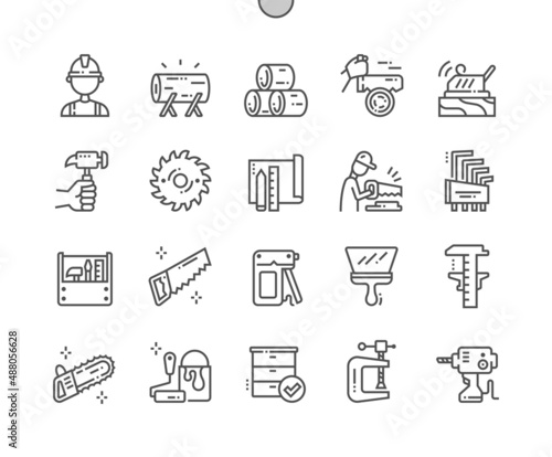 Carpentry. Woodwork. Sanding machine. Builder, wood and toolbox. Finished product. Pixel Perfect Vector Thin Line Icons. Simple Minimal Pictogram photo