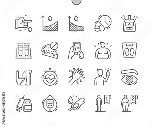 Diabetes. Glucose meter. Blood test. Insulin. Health care, medical and medicine. Pixel Perfect Vector Thin Line Icons. Simple Minimal Pictogram