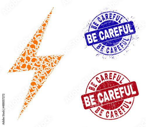 Round BE CAREFUL unclean stamp seals with caption inside round forms, and debris mosaic electric spark icon. Blue and red stamp seals includes BE CAREFUL text.