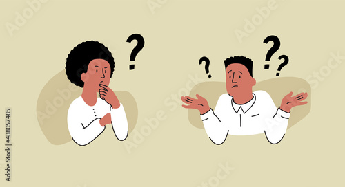 Confused people cartoon illustration. The men and the women with question marks. The concept for business web illustration or article. 