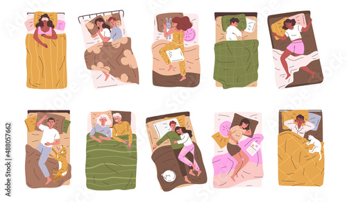 Set of different people lying under blankets. Men, women, couples, families, children and animals sleep on soft pillows and beds and dream. Cartoon flat vector collection isolated on white background