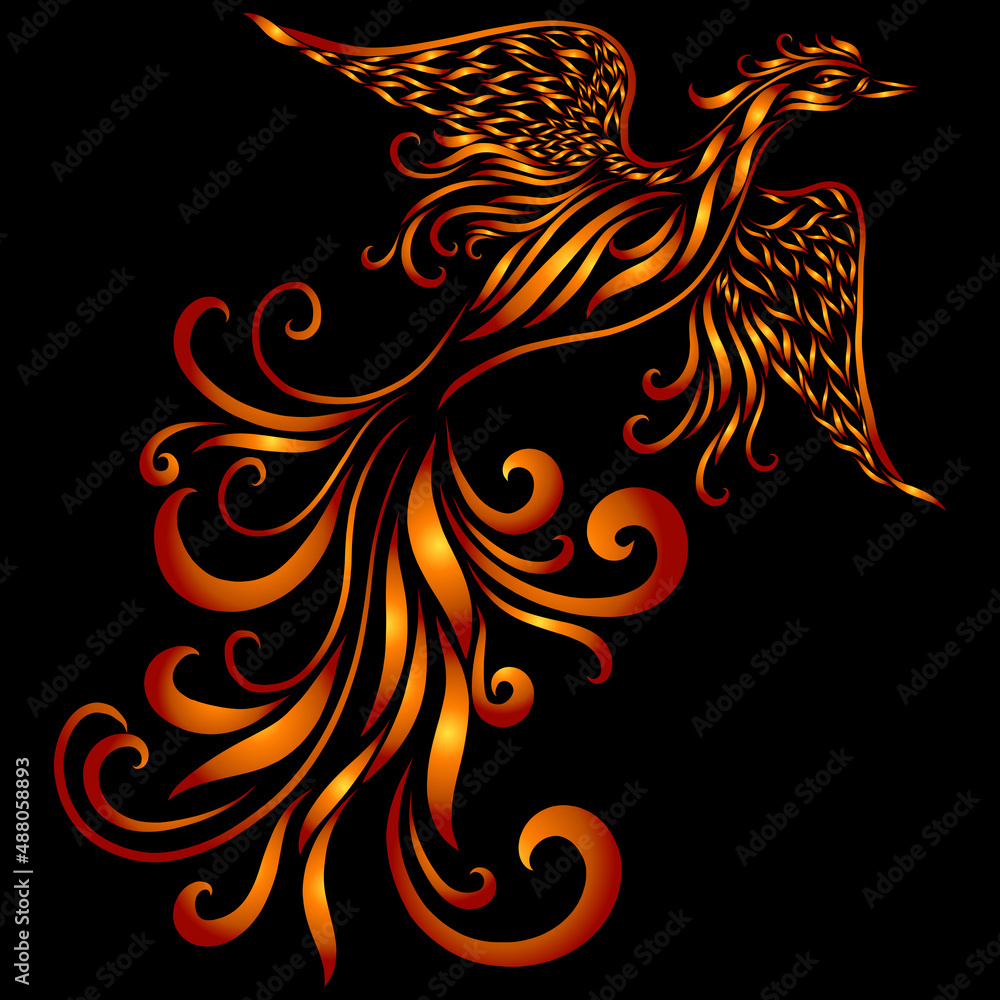 Phoenix with fiery wings and long curled tail flying with floral ornate feathers flaming and glowing Christian ornament and symbol of rebirth emblem fantasy mythical bird in orange color Phoenix with fiery wings and long curled tail flying with floral ornate feathers flaming and glowing Christian ornament and symbol of rebirth emblem fantasy mythical bird in orange color
