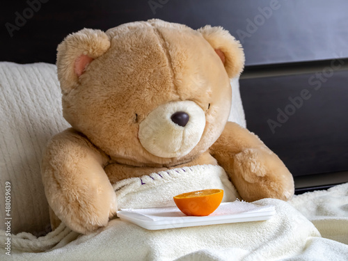 Big fat teddy bear having breakfast in bed with half an orange. Dieting concept. photo