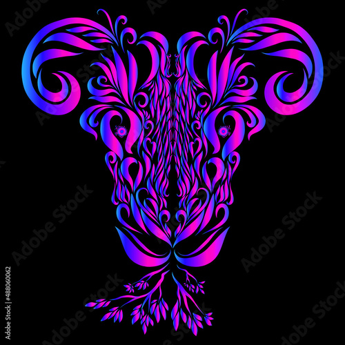 goat with graceful elegant curved horns of blue and pink on a dark background