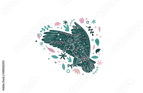 Eagle floral emblem. Cute bird print in scandi style. Vector funky print with eagle in simple minimal style.