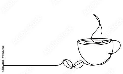 Cup of coffee and coffee bean. Hot beverage. Aroma of coffee. Continuous line drawing.
