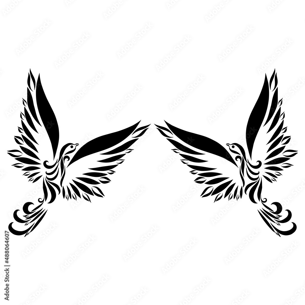 Obraz premium bird dove spirit holy free flying wings ornate graceful swirl feather ornament logo christian symbol of hope and peace in black