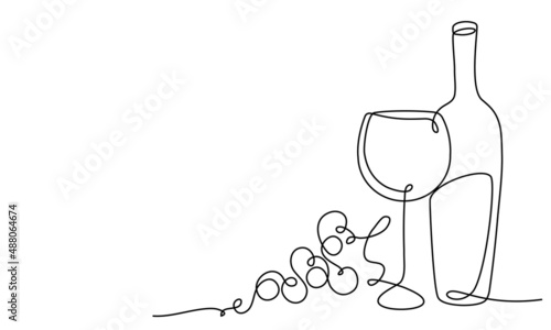Wine glass, a bottle of wine and grapes. Still life. Sketch. Draw a continuous line. Decor