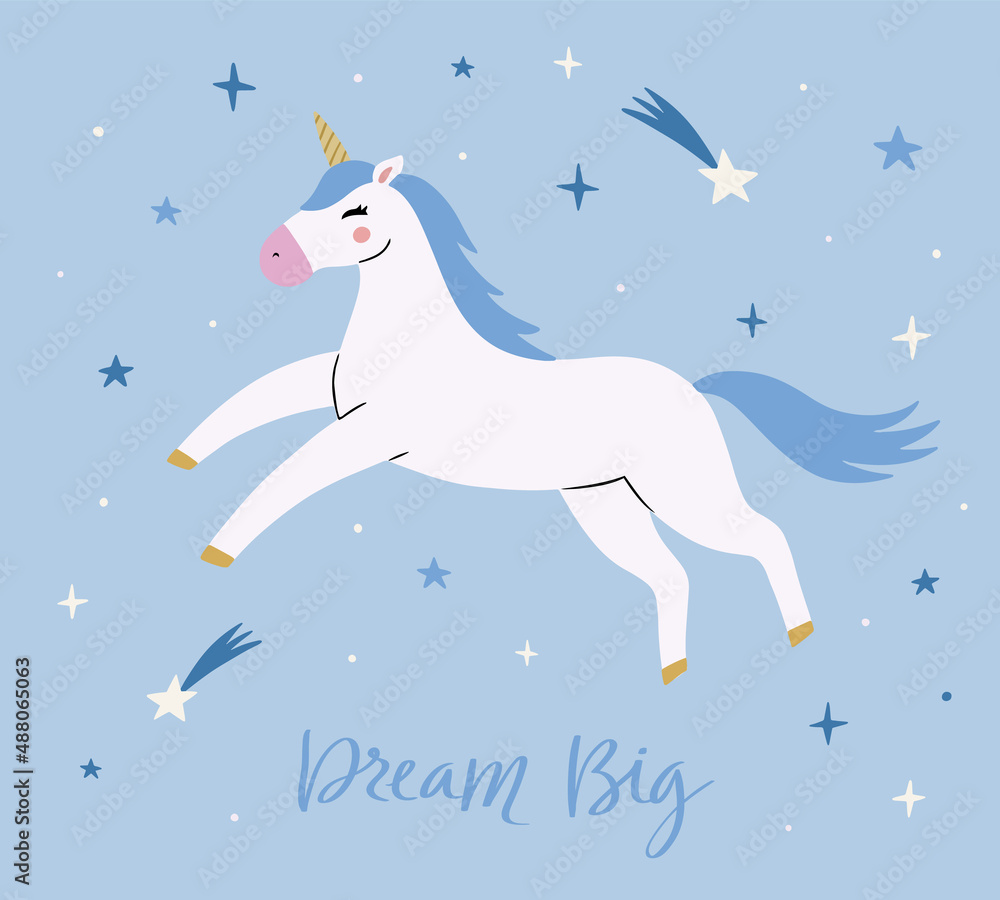 Magic cute white unicorn flying in the sky with stars and hearts on blue background. Cartoon style beautiful unicorn for kids stuff, posters, cards etc. Dream big hand drawn text. Vector illustration