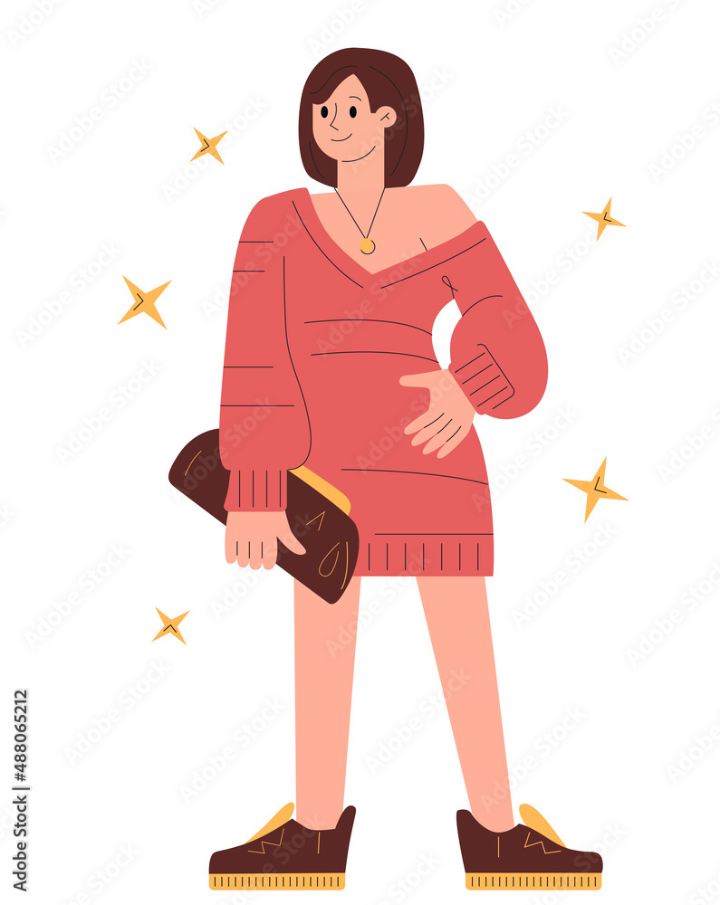Ready for party morden girl in trendy clothes and bag in sneakers. Self confidence concept. Flat simple vector illustration isolated on white background Ready for party morden girl in trendy clothes and bag in sneakers. Self confidence concept. Flat simple vector illustration isolated on white background