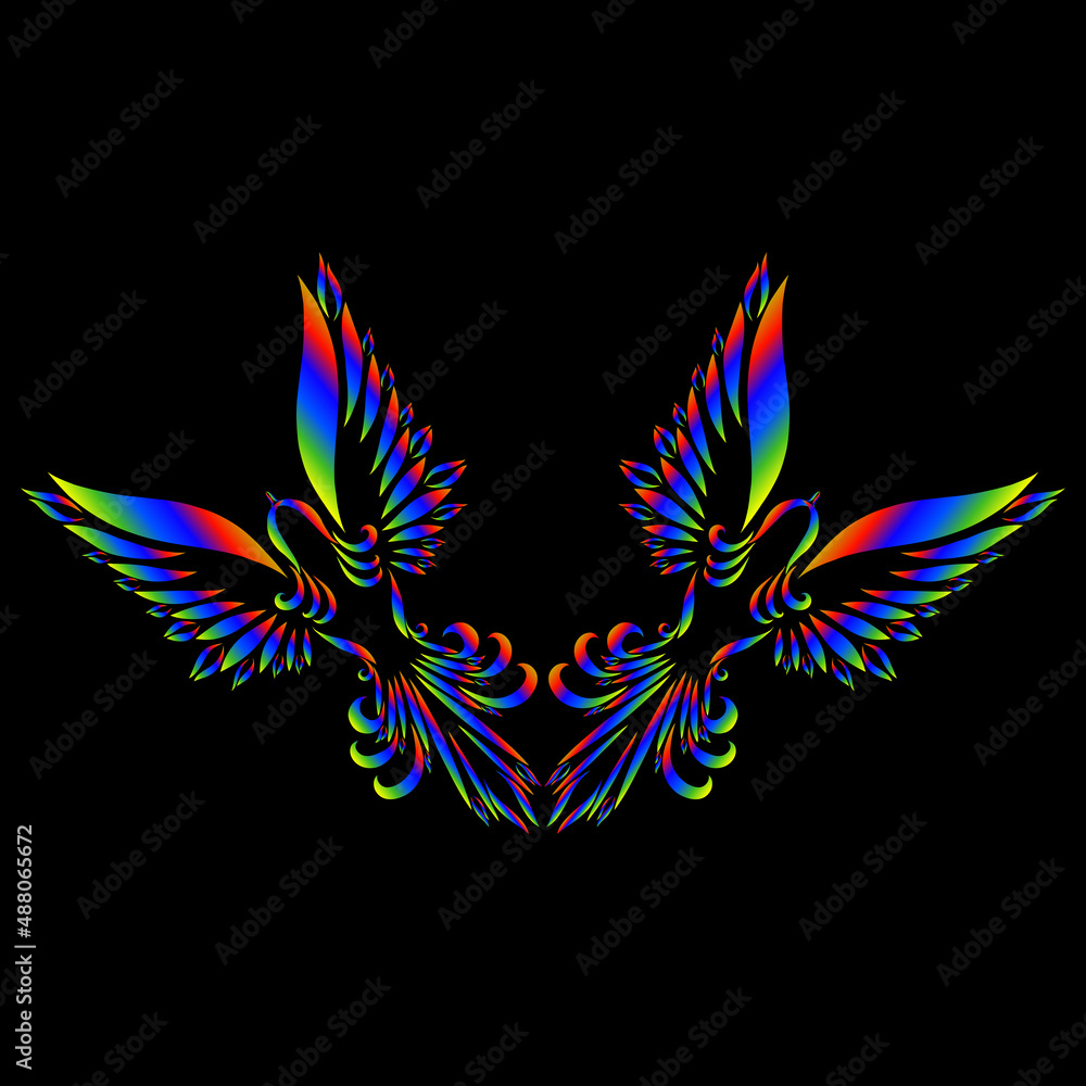 Obraz premium two doves spirit holy free flying wings ornate graceful swirl feather ornament logo christian symbol of hope and peace yellow green purple blue pink color