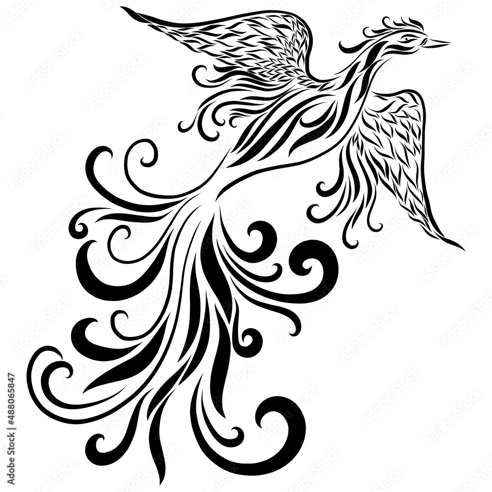 Phoenix with fiery wings and long curled tail flying with floral ornate feathers flaming and glowing Christian ornament and symbol of rebirth emblem fantasy mythical bird in black color Phoenix with fiery wings and long curled tail flying with floral ornate feathers flaming and glowing Christian ornament and symbol of rebirth emblem fantasy mythical bird in black color