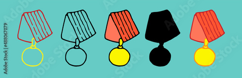 the golden order icon. yellow round medal on a folded red ribbon. A hand-drawn medal in the style of doodles with a black outline and a silhouette with for victory, for a design template. The symbol o