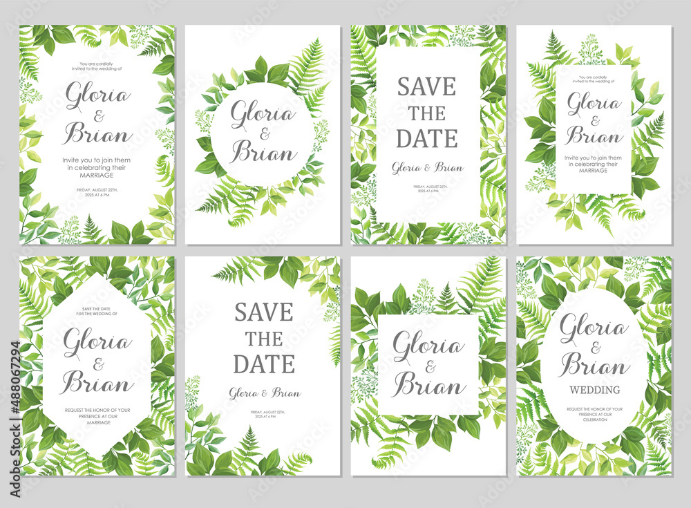 Wedding invitation set with green leaves border. Invite card with place for text. Frame with forest herbs. Vector illustration.
