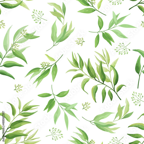 Seamless pattern with green leaves. Eucalyptus branches. Vector illustration. 
