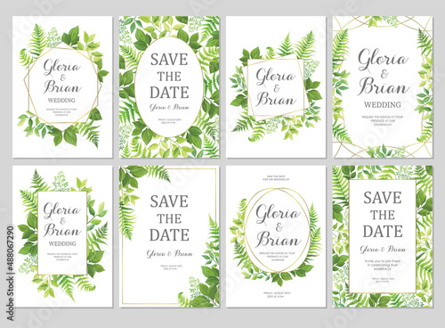 Wedding invitations set with green leaves border and geometric frames. Invite card with place for text. Frame with forest herbs. Vector illustration.