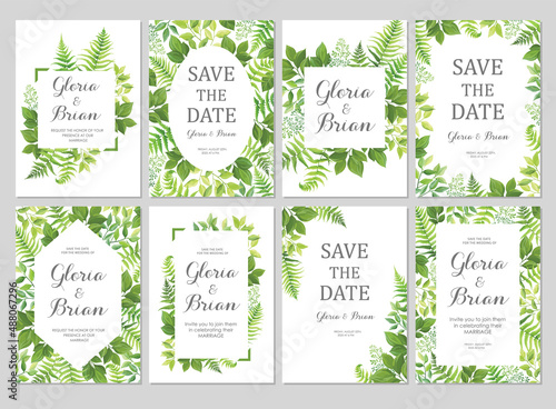 Wedding invitation set with green leaves border. Invite card with place for text. Frame with forest herbs. Vector illustration.