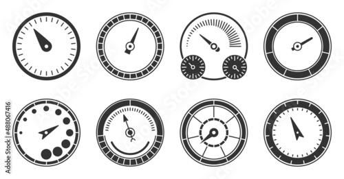 Speedometer indicator load scale black glyph set. Transport icon measurement speed dashboard driving symbol. Traffic online download power progress internet technology traffic measuring isolated white