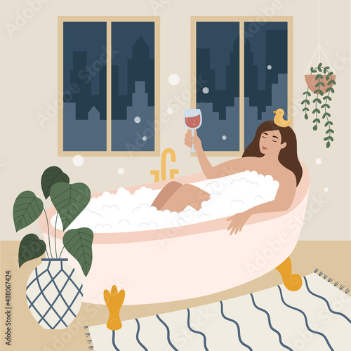Woman takes a relaxing bath at home and drinks wine. Cartoon female character with rubber duck on head. The girl is enjoying a bubble bath. Flat vector illustration.