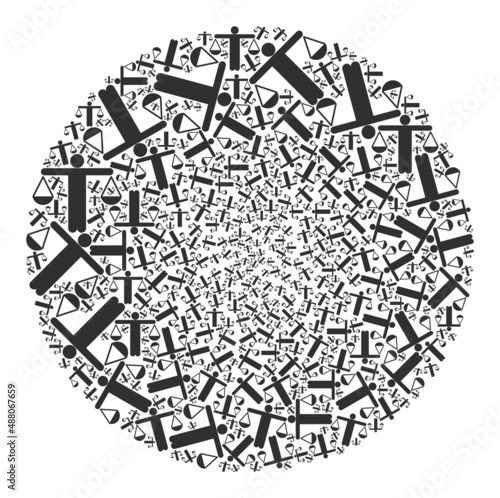 Judge balance icons are grouped into circle collection. Judge balance icon bubble collage. Abstract spheric cluster collage is organized from judge balance icons.
