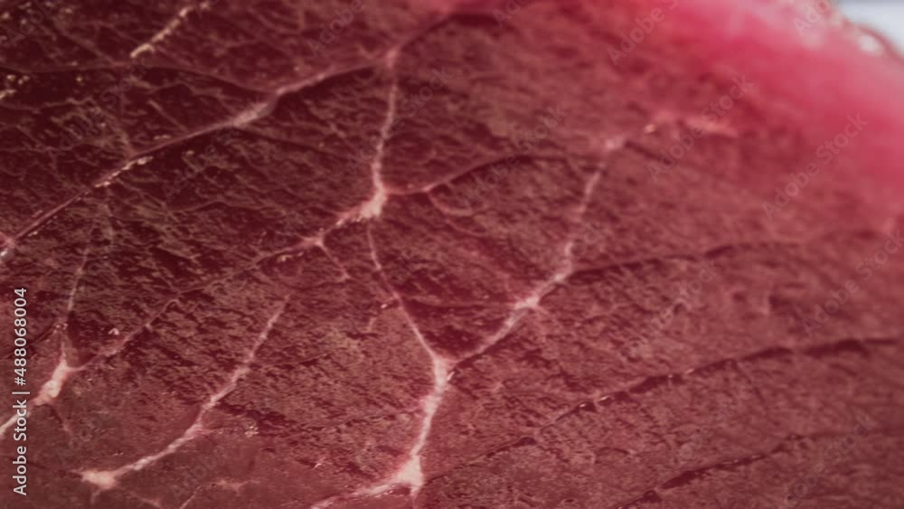 Fresh piece of raw red meat. Close-up macro shot of a fillet texture. Camera on slider along uncooked beefsteak. Premium ribeye meat or marbled beef. Steak production for restaurants, slaughterhouse Fresh piece of raw red meat. Close-up macro shot of a fillet texture. Camera on slider along uncooked beefsteak. Premium ribeye meat or marbled beef. Steak production for restaurants, slaughterhouse